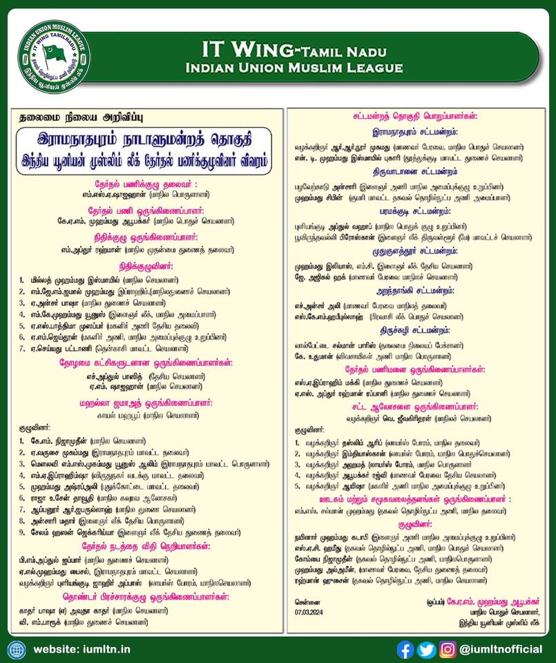 இராமநாதபுரம் நாடாளுமன்றத் தொகுதி இந்திய யூனியன் முஸ்லிம் லீக் தேர்தல் பணிக்குழுவினர் விவரம்.