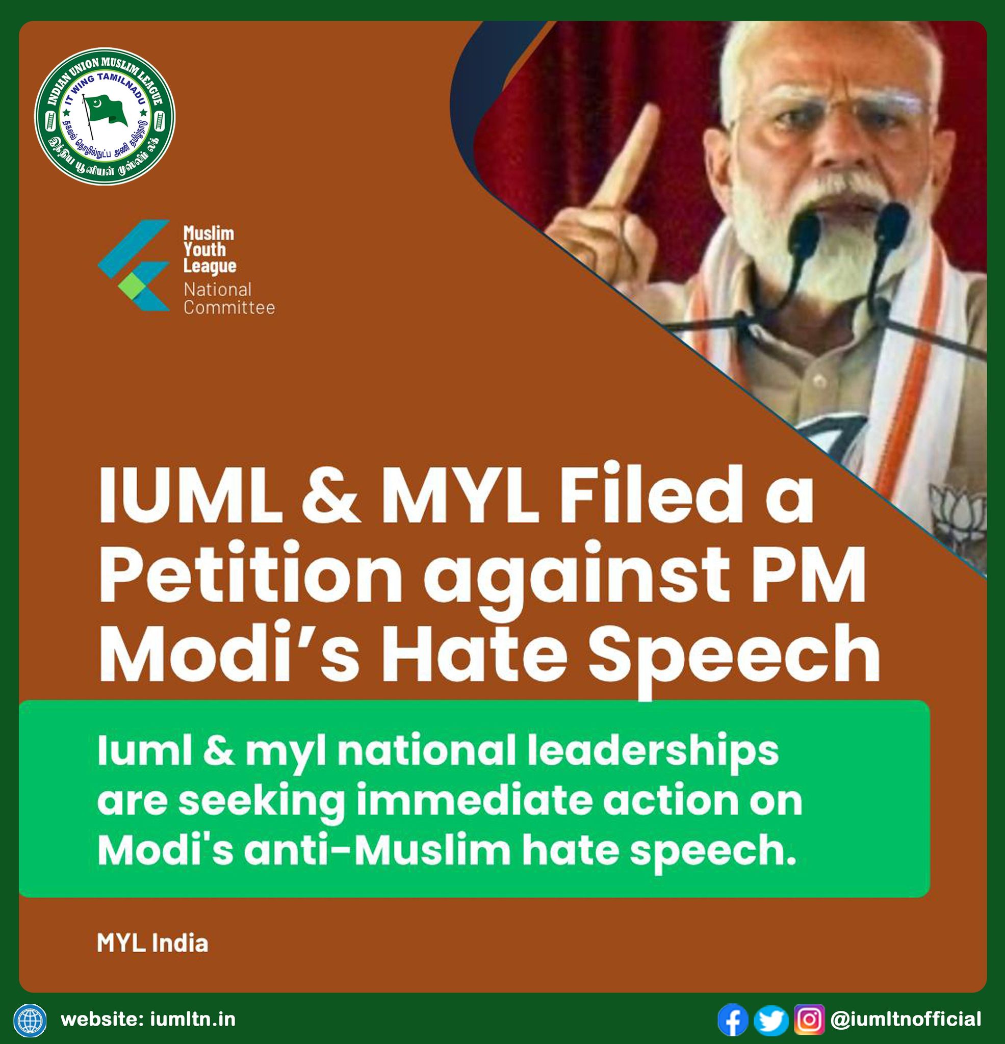 IUML & MYL Filed a Petition against PM Modi's Hate Speech.